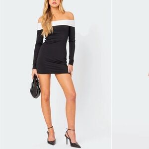 Edikted Black and White Off-Shoulder Bodycon Dress